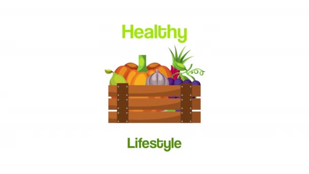 Здоровый образ жизни веганская еда в деревянной корзине — стоковое видео