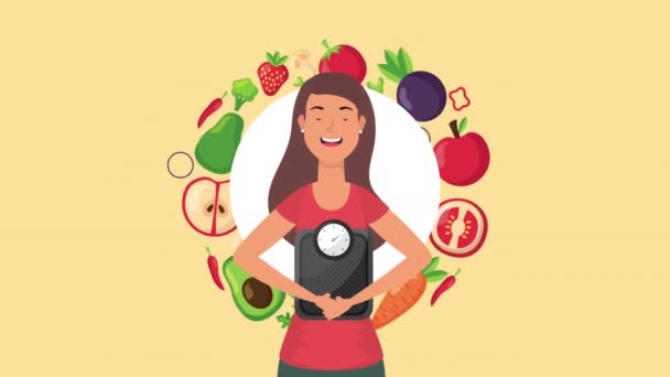 Mujer con comida vegana y equilibrio estilo de vida saludable — Vídeos de Stock