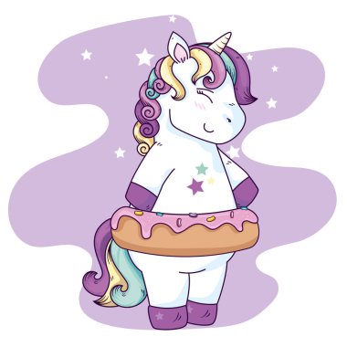 cute unicorn fantasy with donut and stars decoration