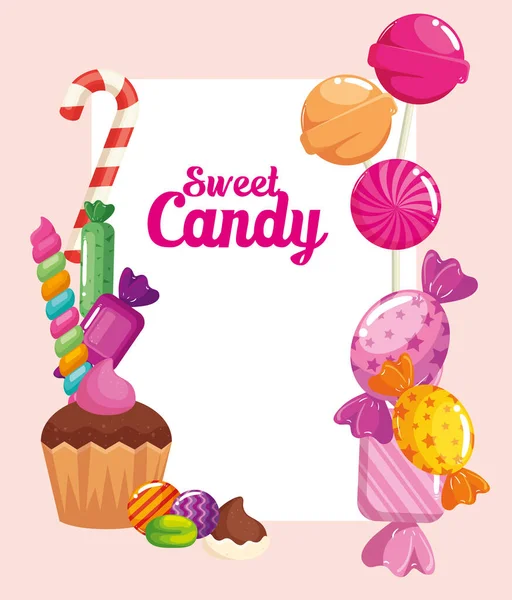 Cartaz de loja de doces com cupcake e doces — Vetor de Stock
