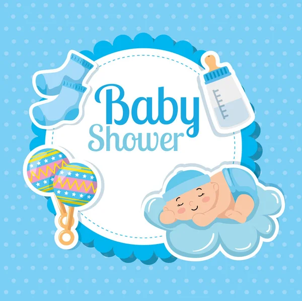 Baba zuhany kártya aranyos kisfiú és dekoráció — Stock Vector