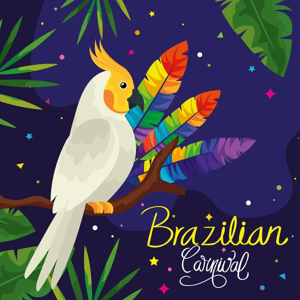 Plakat des brasilianischen Karnevals mit Papagei und Blättern — Stockvektor