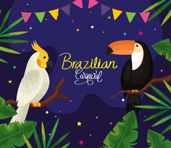 Cartaz do carnaval brasileiro com papagaio e tucano — Vetor de Stock