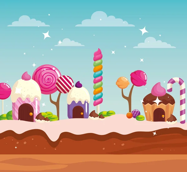 Terra dos doces com cupcake das casas e caramelos — Vetor de Stock