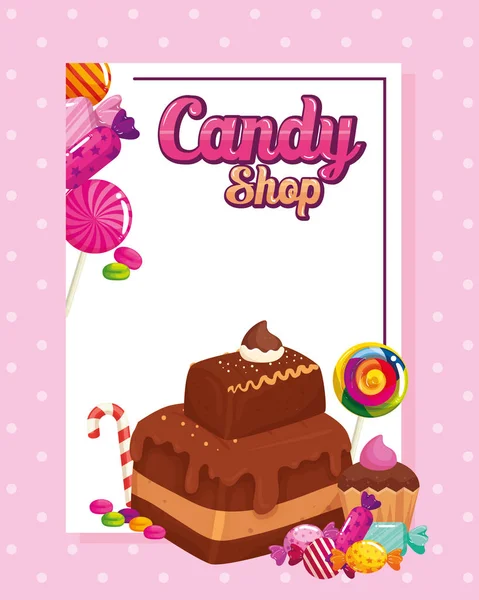 Cartel de la tienda de dulces con brownie y caramelos — Archivo Imágenes Vectoriales