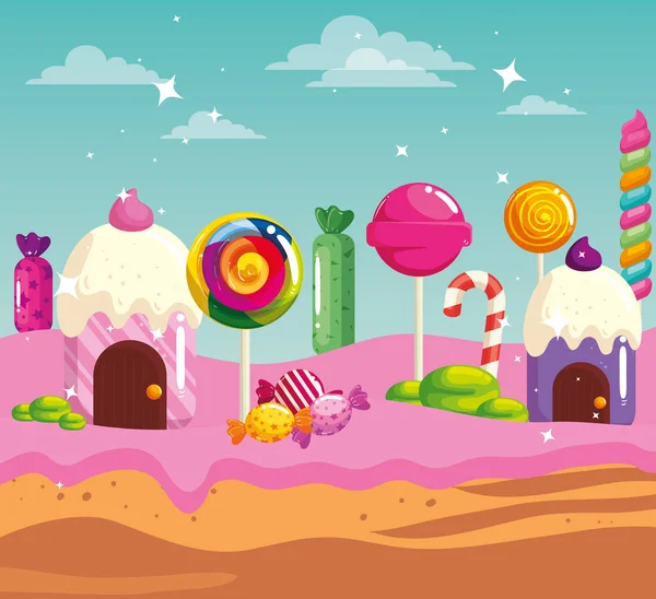 Candy land with houses cupcake and caramels — ストックベクタ