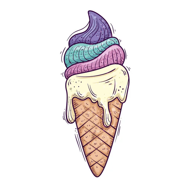 Bonito e delicioso sorvete em cone — Vetor de Stock