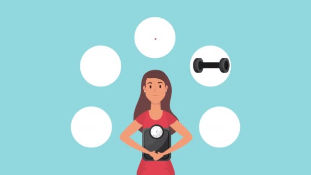 Vrouw met set pictogrammen gezonde levensstijl — Stockvideo
