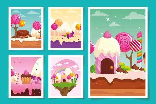 Ensemble de scènes terre de bonbons avec des caramels — Image vectorielle