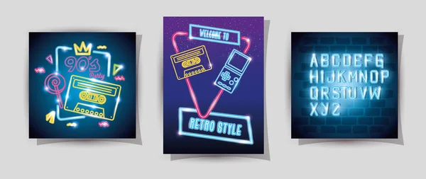 Set of video game nineties retro style of neon light — ストックベクタ