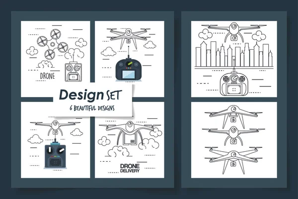 Seis diseños de aviones no tripulados volando — Vector de stock