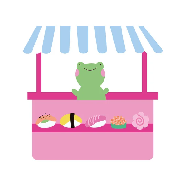 Cute little frog in sweet pastry kiosk — Stok Vektör