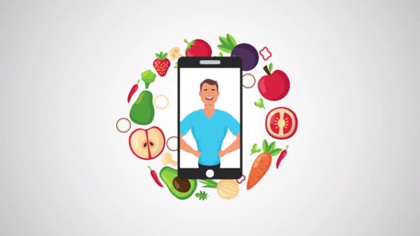 Jeune homme dans un smartphone avec un style de vie sain et de la nourriture végétalienne — Video