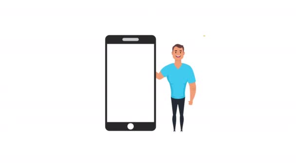 スマートフォンに健康的なライフスタイルとビーガンフードを持つ若い男 — ストック動画