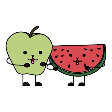 fresh watermelon and apple kawaii characters