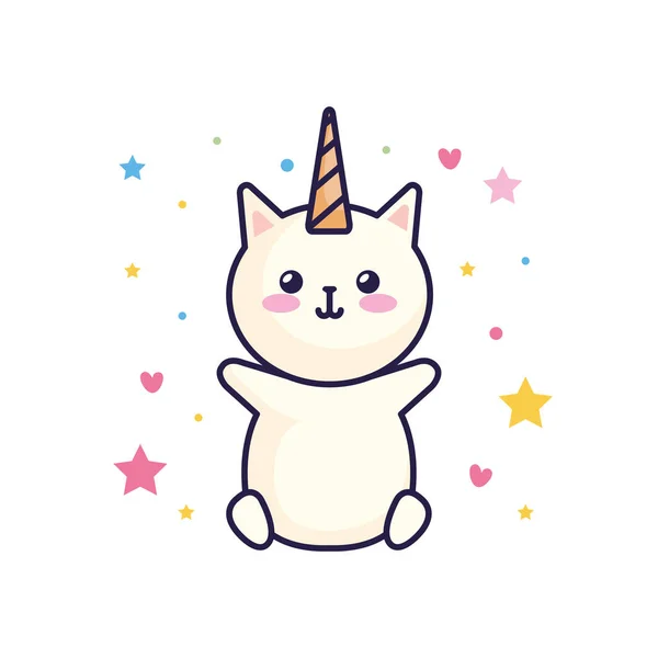 Lindo gato unicornio fantasía con corazones y estrellas decoración — Archivo Imágenes Vectoriales