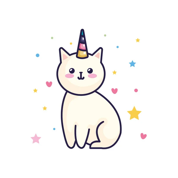 Lindo gato unicornio fantasía con corazones y estrellas decoración — Vector de stock