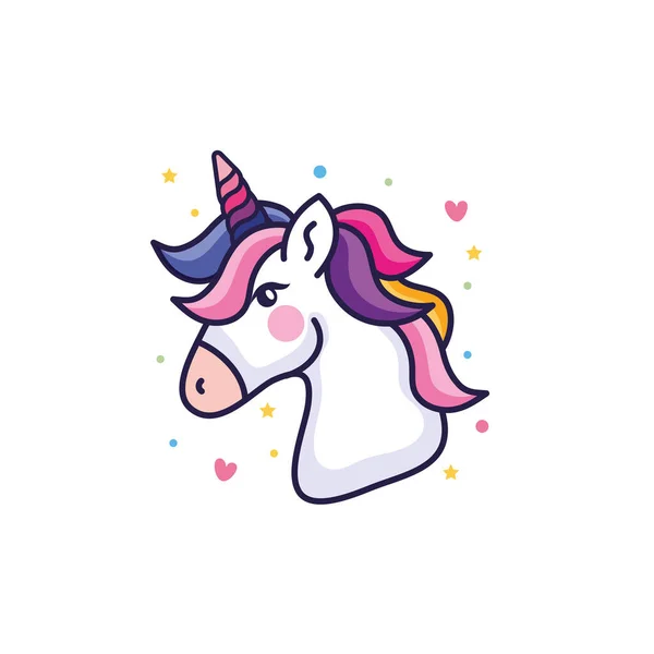 Cabeza de fantasía unicornio lindo con corazones y estrellas decoración — Vector de stock