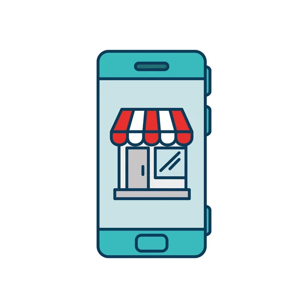 Smartphone apparaat met winkel gevel geïsoleerde pictogram — Stockvector