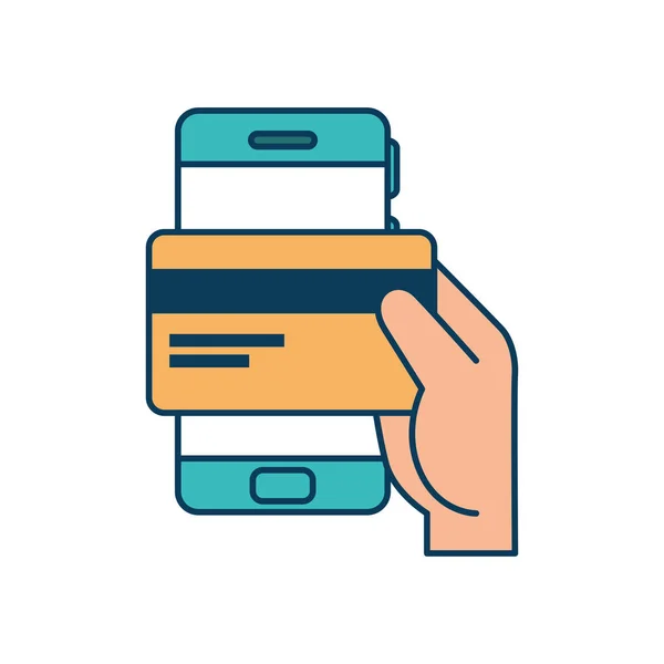 Mano y tarjeta de crédito con smartphone — Vector de stock