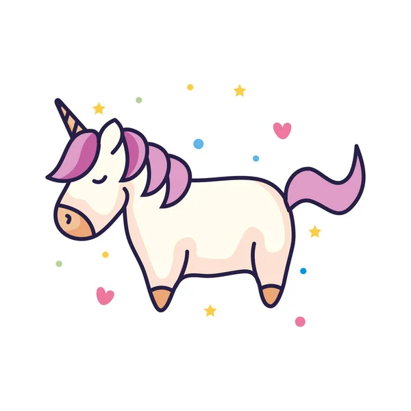 Lindo unicornio fantasía con corazones decoración — Vector de stock
