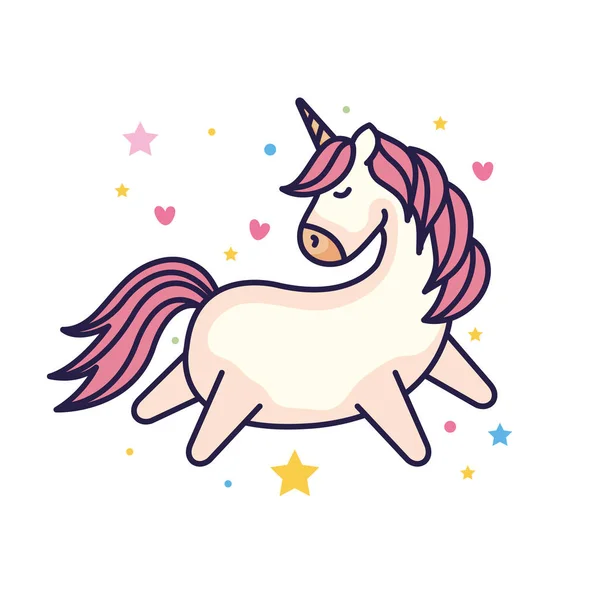 Cute unicorn fantasi dengan hati dan bintang-bintang dekorasi - Stok Vektor