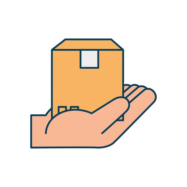 Mano con scatola imballaggio carico isolato icona — Vettoriale Stock