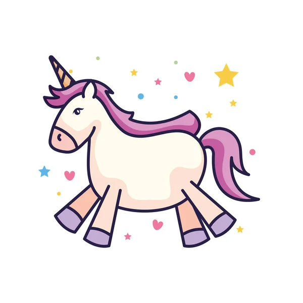 Cute unicorn fantasy with hearts and stars decoration — Stock Vector