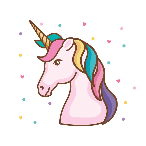 Tête de mignon fantaisie licorne avec des cœurs décoration — Image vectorielle