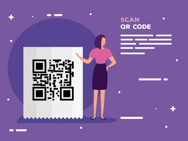 Escanear código qr en papel de cupón y mujer de negocios — Archivo Imágenes Vectoriales