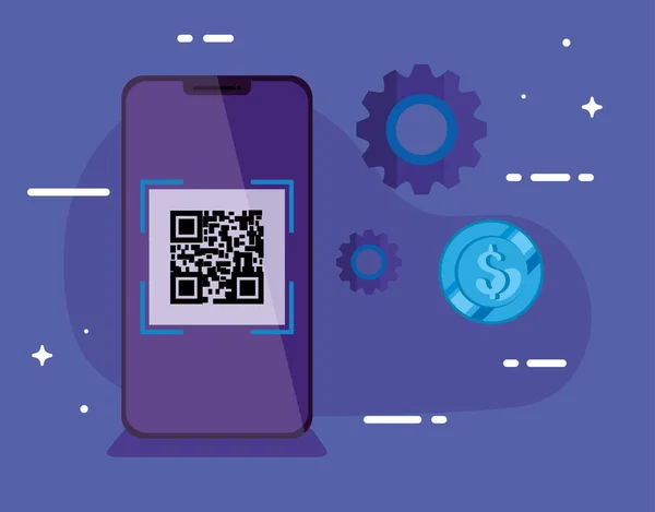 Smartphone con código de escaneo qr e iconos — Vector de stock