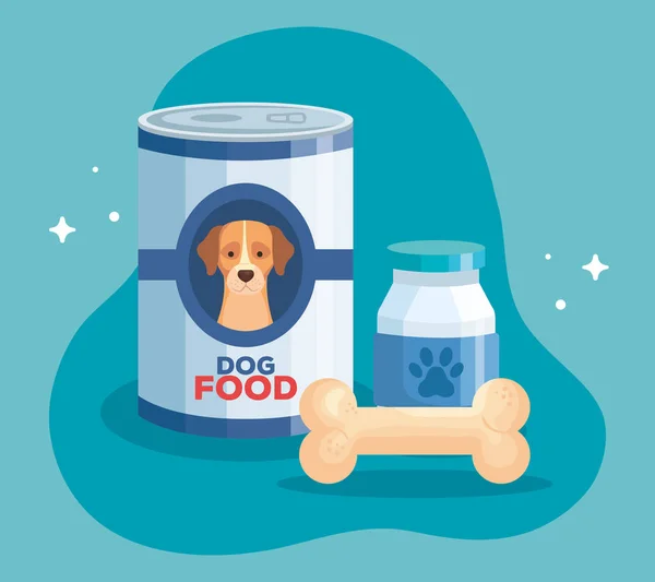 Comida de cão animal em lata e ícones — Vetor de Stock