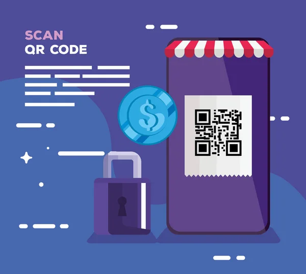 Smartphone com código de varredura qr e cadeado — Vetor de Stock