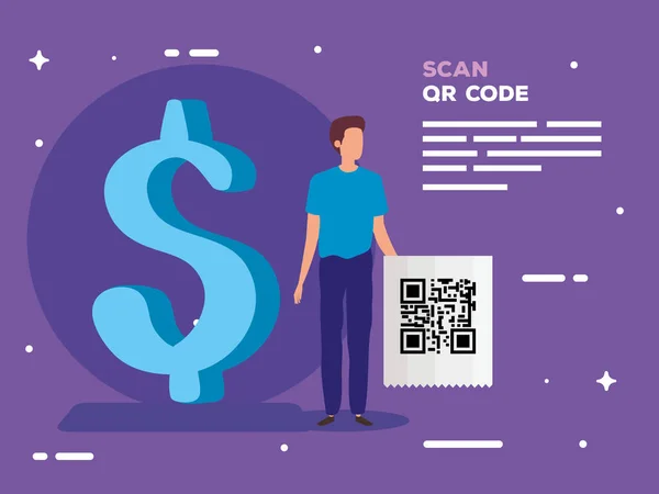 scan qr code in voucher with business man and symbol dollar