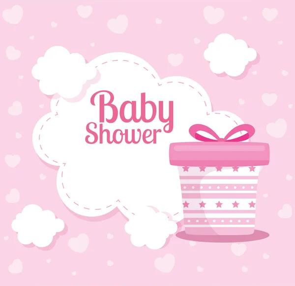 Babyduschkarte mit Geschenkbox und Wolken — Stockvektor