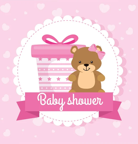 Baby shower card con scatola regalo e orsacchiotto — Vettoriale Stock