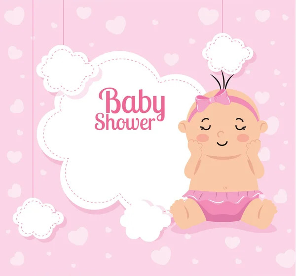 Baby shower card with baby girl and decoration — Stockvector