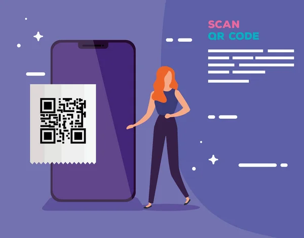 Smartphone scannt Code qr mit Geschäftsfrau — Stockvektor
