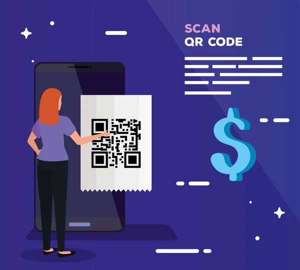 Smartphone scan kód qr s obchodní ženou a symbol dolar — Stockový vektor