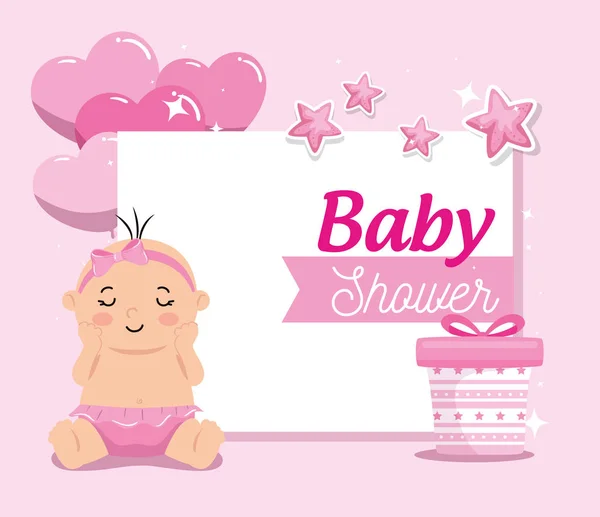 赤ちゃんの女の子と装飾付きのベビーシャワーカード — ストックベクタ