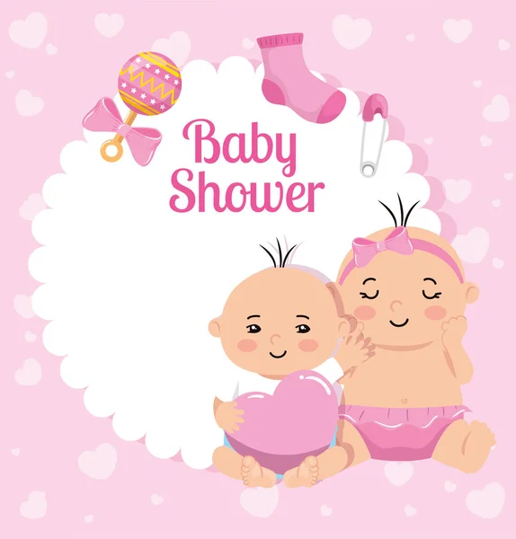 Cartão de banho de bebê com meninas e decoração —  Vetores de Stock