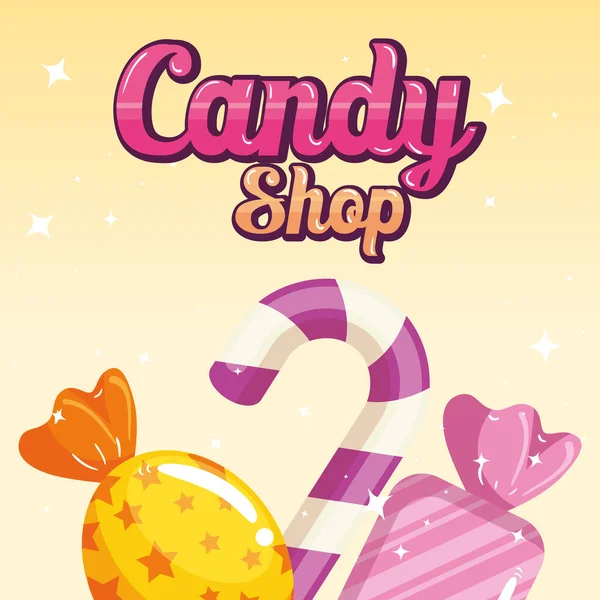 Cartaz de loja de doces com caramelos — Vetor de Stock