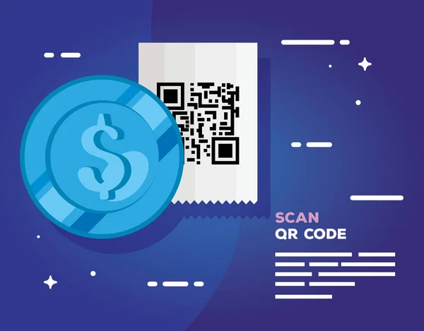 Scan qr kód s penězi mince — Stockový vektor