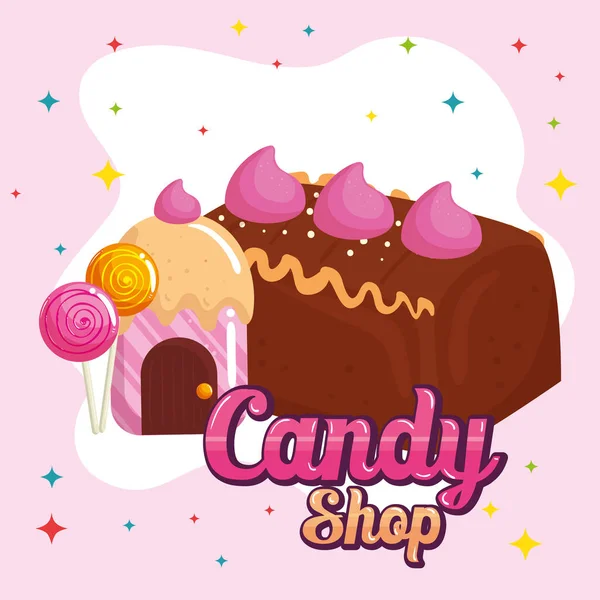 Affiche de la boutique de bonbons avec gâteau chocolat et bonbons — Image vectorielle