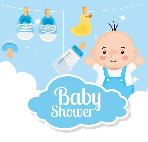 Baby shower card with baby boy and decoration — Stock Vector