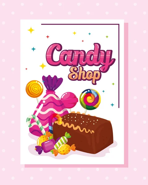 Cartel de la tienda de dulces con pastel de chocolate y caramelos — Vector de stock