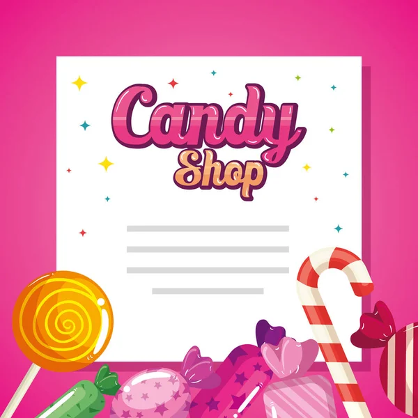 Tarjeta de tienda de dulces con deliciosos caramelos — Archivo Imágenes Vectoriales