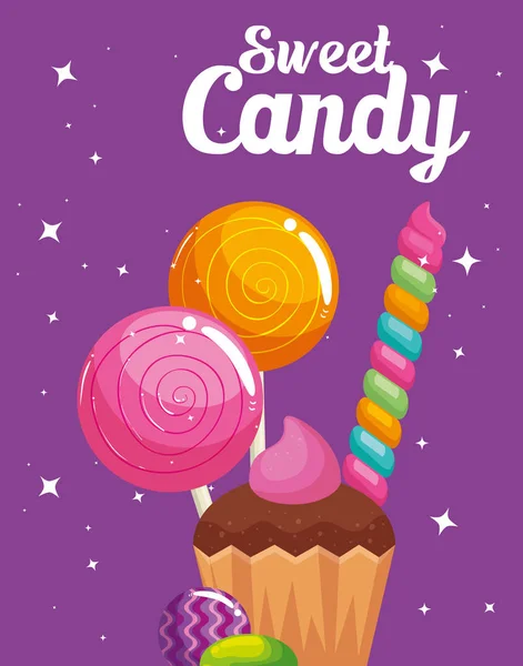 Cartaz de loja de doces com cupcake e caramelos — Vetor de Stock