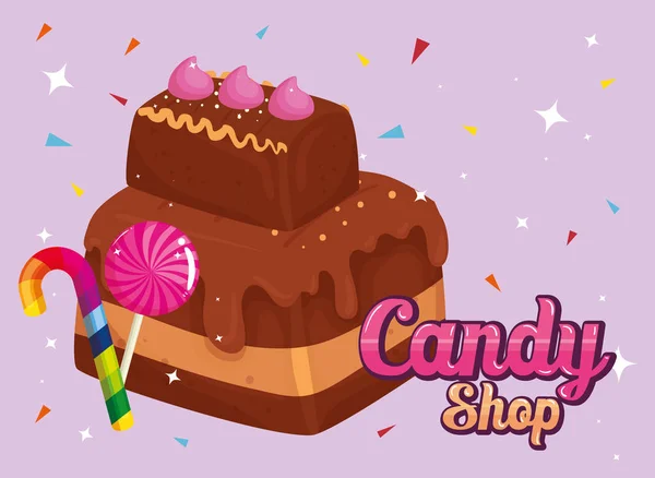 Cartel de la tienda de dulces con brownie y caramelos — Vector de stock