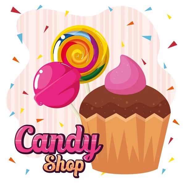 Cartel de la tienda de dulces con cupcake y caramelos — Vector de stock